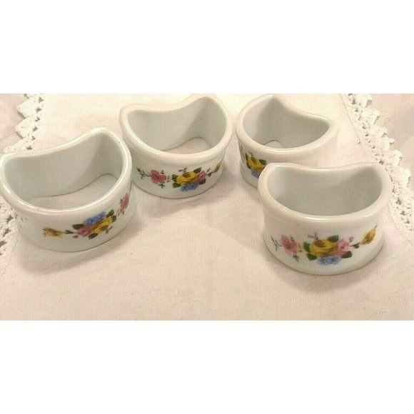 4 Porcelain Napkin Rings White with  Pink Yellow Purple Flowers Vintage - Picture 4 of 4